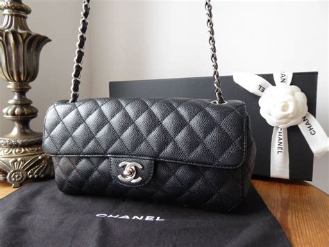 Chanel Black Quilted Caviar East West Classic Flap Bag Silver 